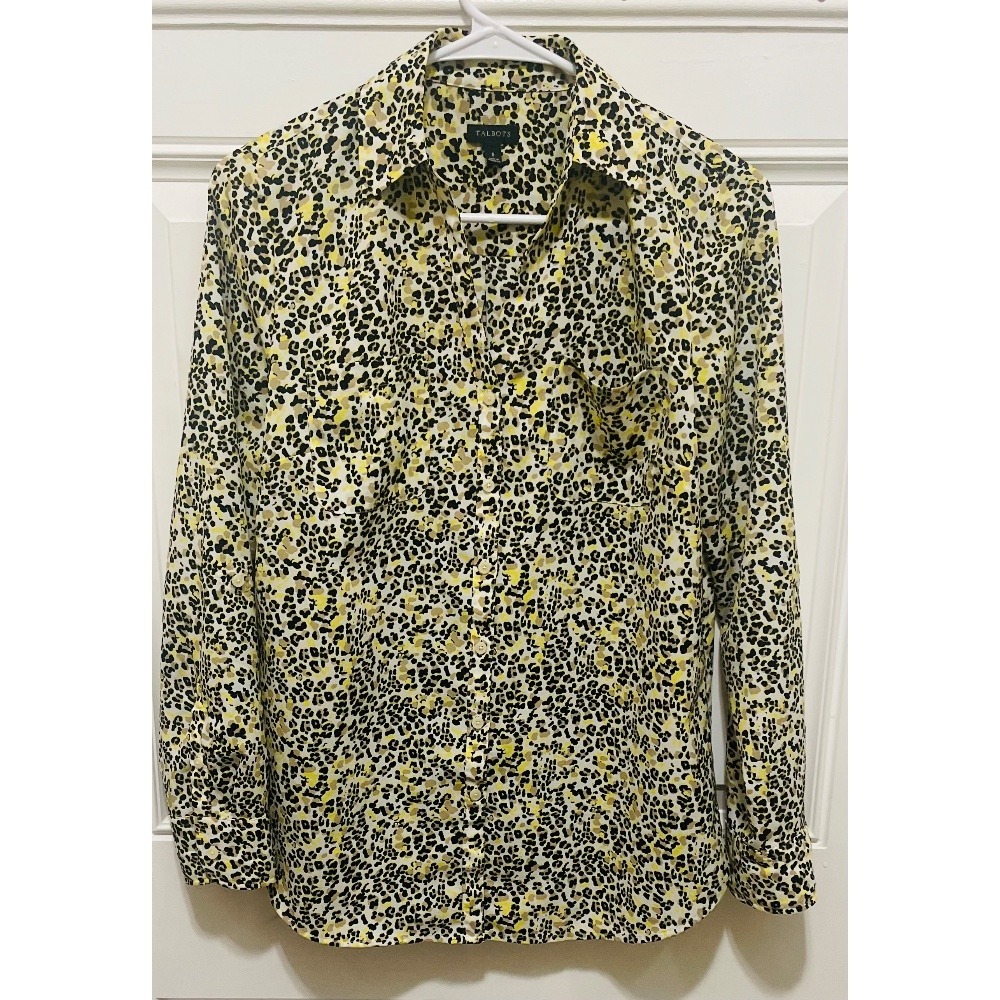 Talbots Animal Print Button‎ Down Long Sleeve Career Blouse Yellow Black 6